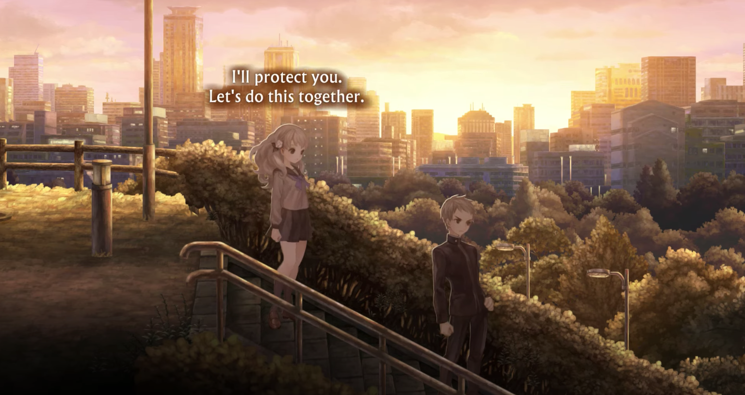 an image from the game 13 sentinels: aegis rim. fuyusaka and sekigahara are standing on the staircase leading to a playground. it's sunset. fuyusaka is higher on the stairs, looking at sekigahara who is turned away from her. she is saying, 'i'll protect you. let's do this together.'